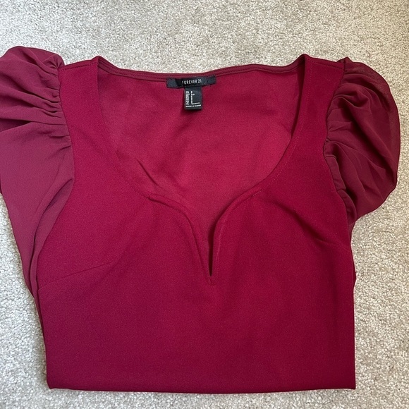 Forever 21 Sweetheart Neck Puffer Sheer Long Sleeve Red Bodysuit Valentine’s D S - Picture 5 of 9